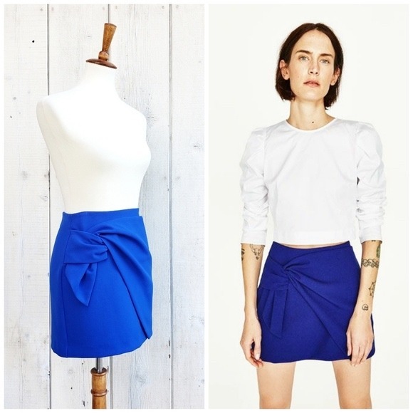 Zara Basic Collection Blue Mini‎ Skirt Women's XS Knot Front Fitted - Picture 2 of 6